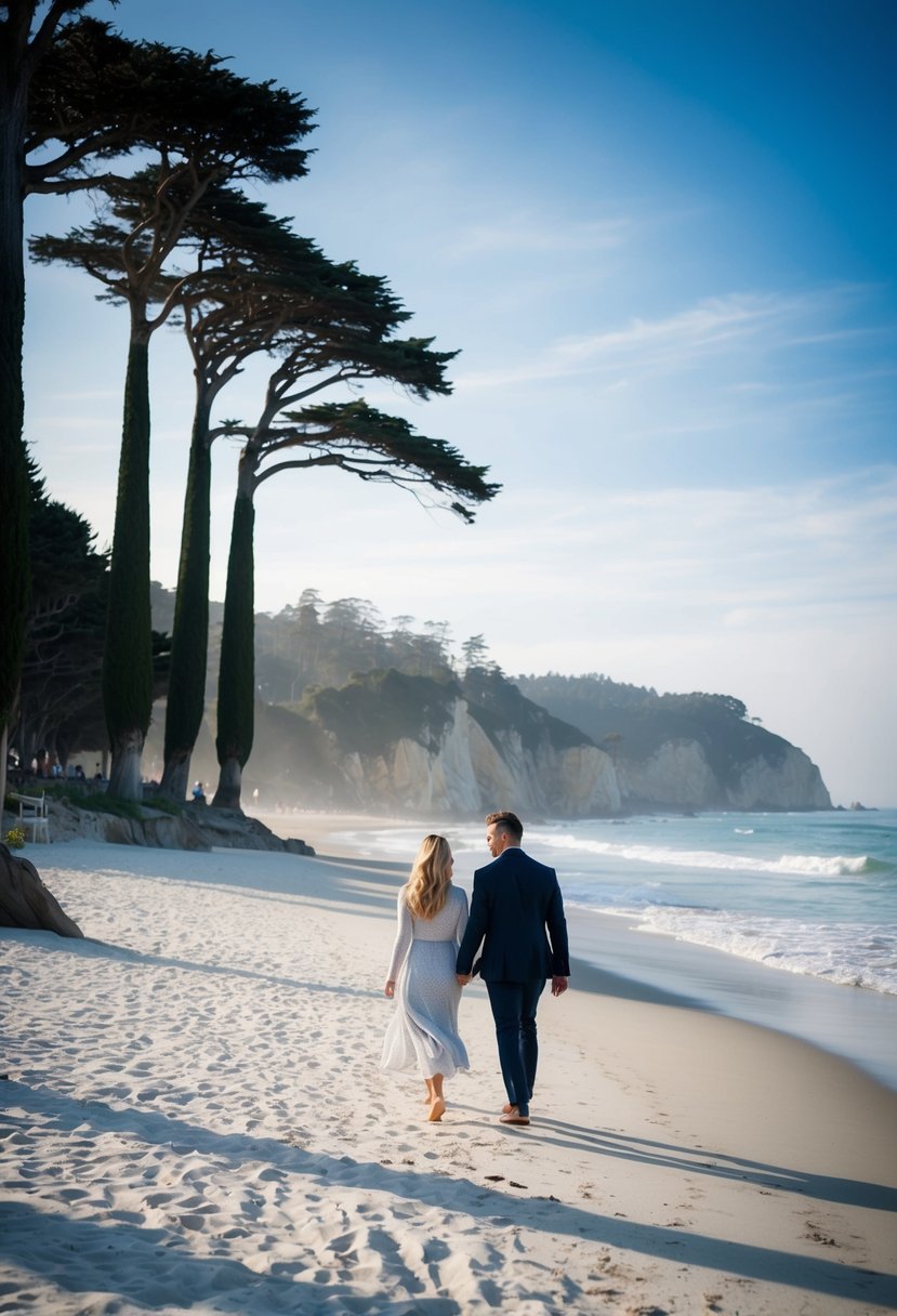 A couple strolls along a white sandy beach, framed by towering cypress trees and the iconic oceanfront cliffs of Carmel-by-the-Sea