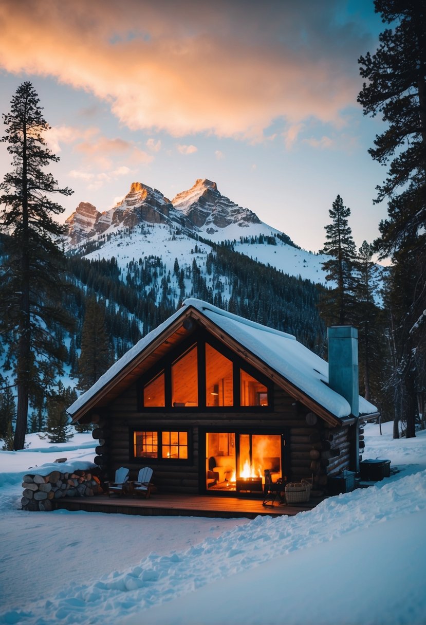 A cozy cabin nestled in the snowy mountains of Jackson Hole, with a warm fire burning inside and a stunning view of the surrounding wilderness
