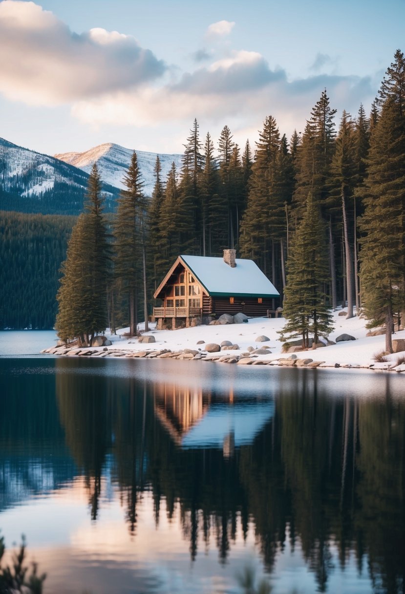 A cozy cabin nestled among tall pine trees at Whiteface Lodge, New York, surrounded by a serene lake and snow-capped mountains