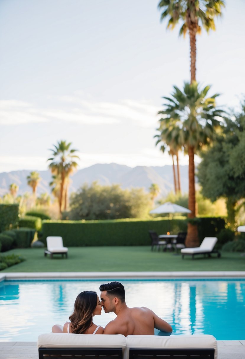 A couple lounges by a private pool in Palm Springs, surrounded by lush greenery and mountains in the distance