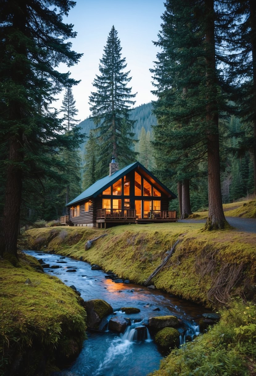 A cozy cabin nestled in the Oregon mountains, surrounded by towering trees and a serene stream