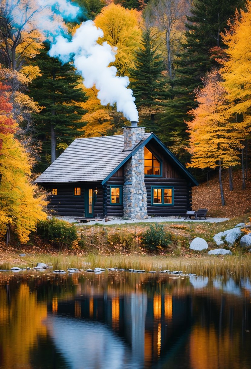 A cozy cabin nestled in the Vermont woods, smoke curling from the chimney, surrounded by autumn foliage and a serene lake