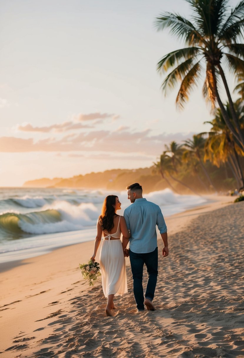 A couple strolling along a sandy beach with palm trees and rolling waves in the background, a picturesque sunset casting warm hues over the scene