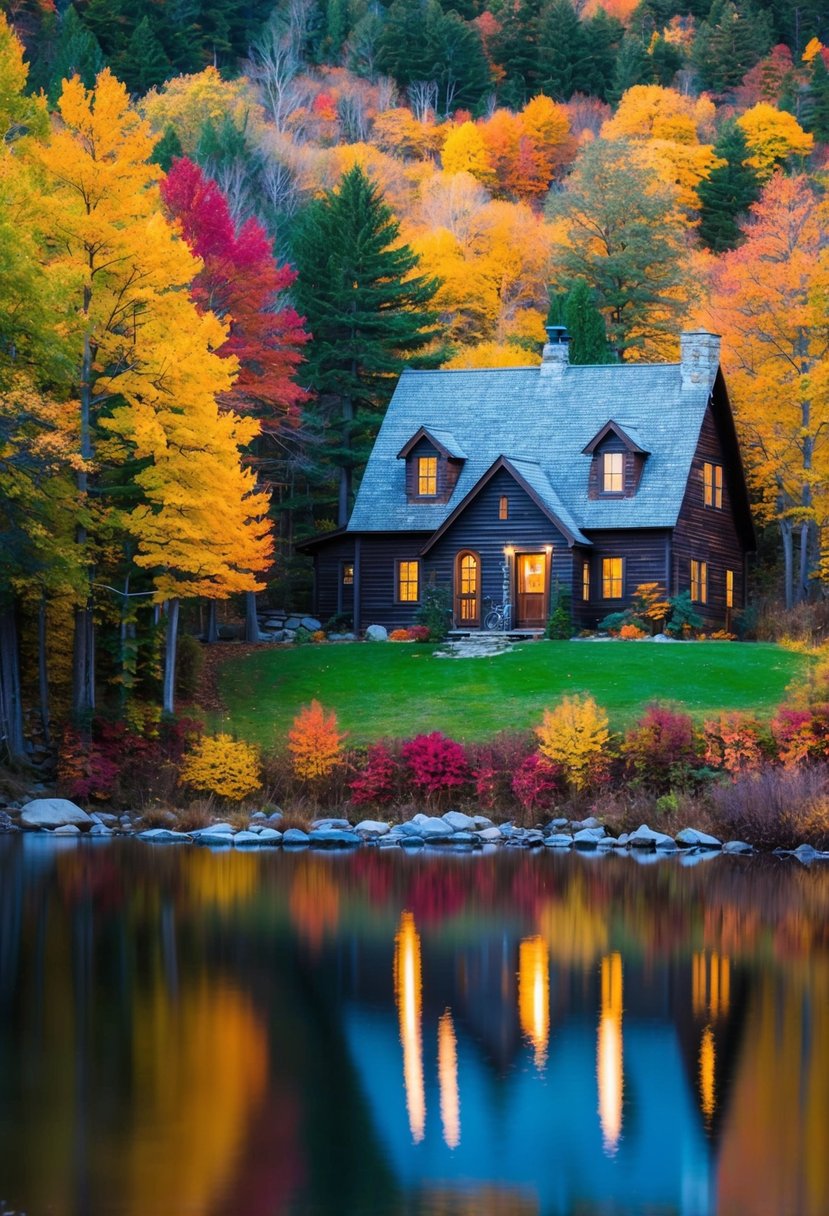 A cozy farmhouse nestled in the woods, surrounded by colorful autumn foliage and a serene lake, perfect for a romantic Maine cabin honeymoon