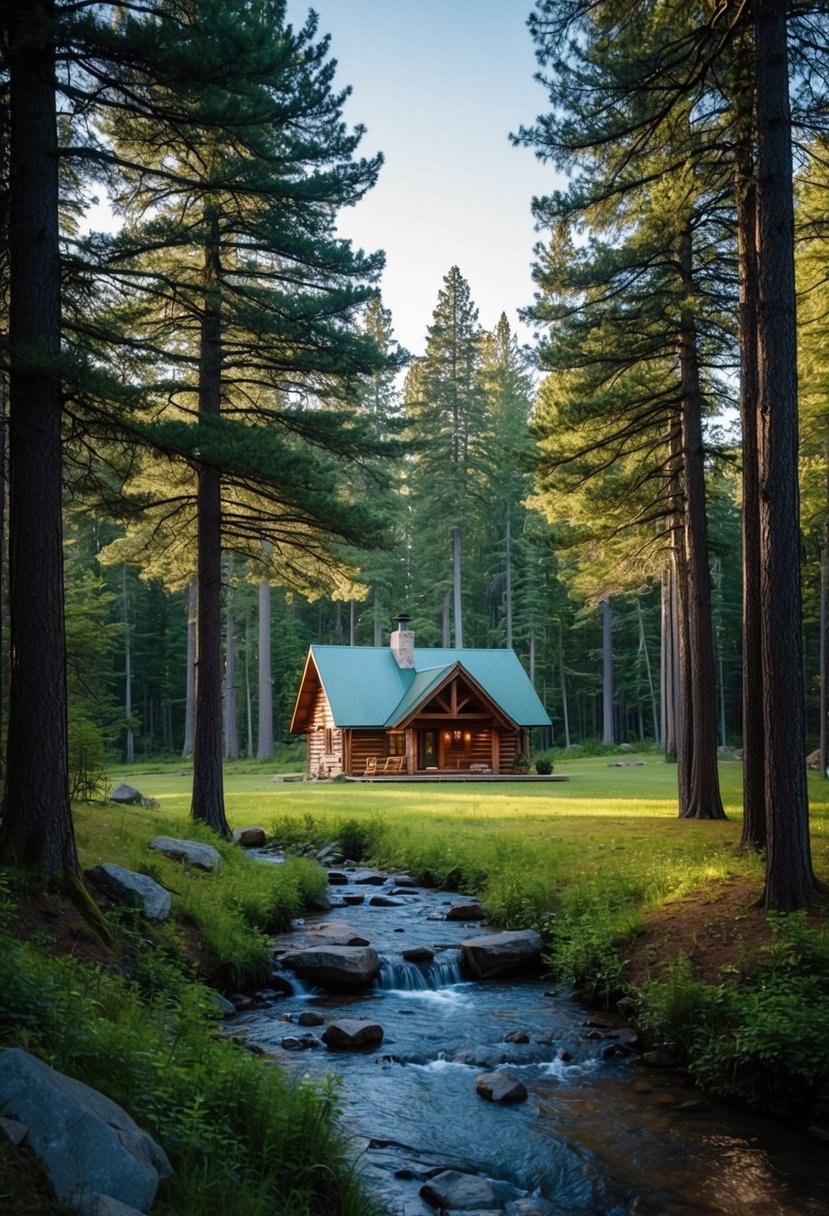 A cozy cabin nestled in a lush forest clearing, surrounded by tall pine trees and a serene, babbling brook