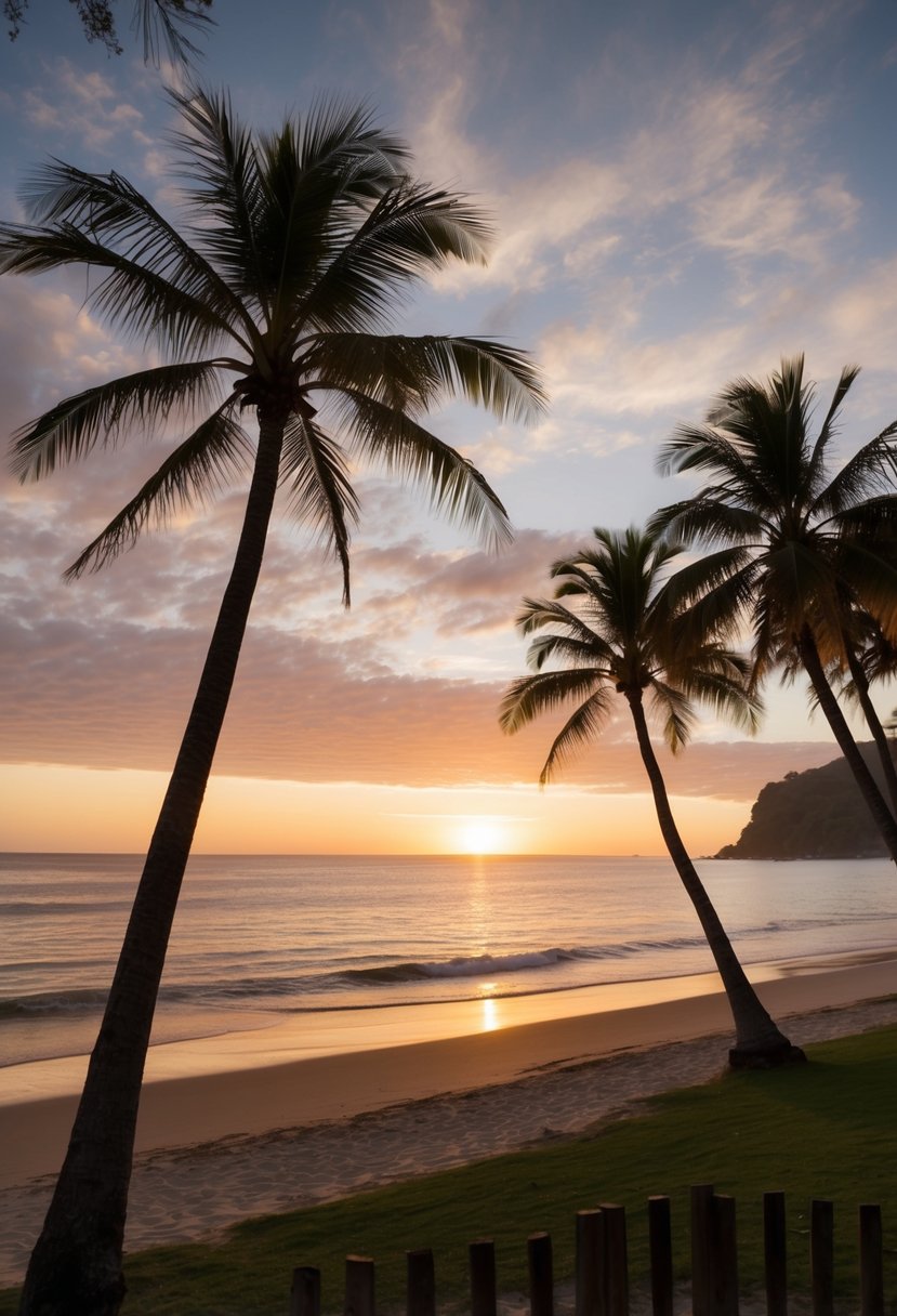 A serene sunset over Tamarindo Beach, with palm trees swaying in the warm breeze and gentle waves lapping at the shore