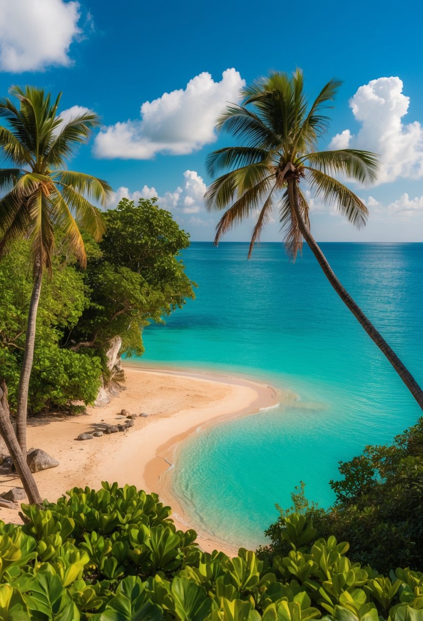 A lush tropical beach within Manuel Antonio National Park, with turquoise waters, palm trees, and a secluded cove