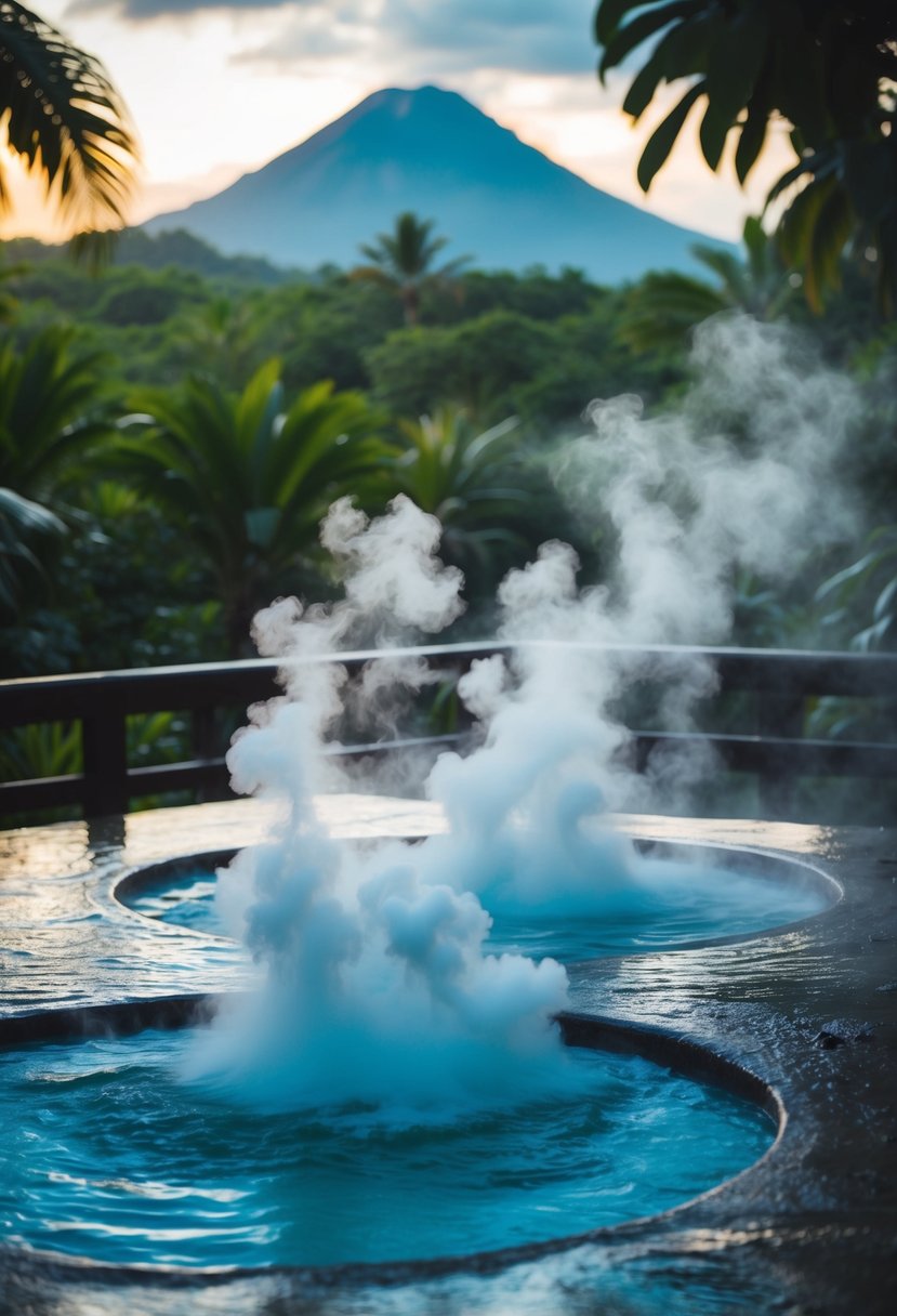 Steam rising from hot springs in lush jungle setting, with volcanic peaks in the background