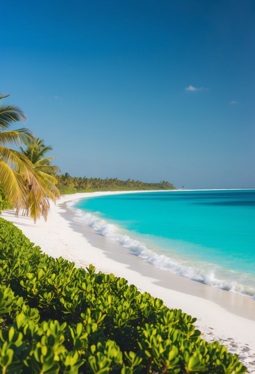 Turquoise waters lap against a white sandy beach, lined with lush greenery and palm trees under a clear blue sky