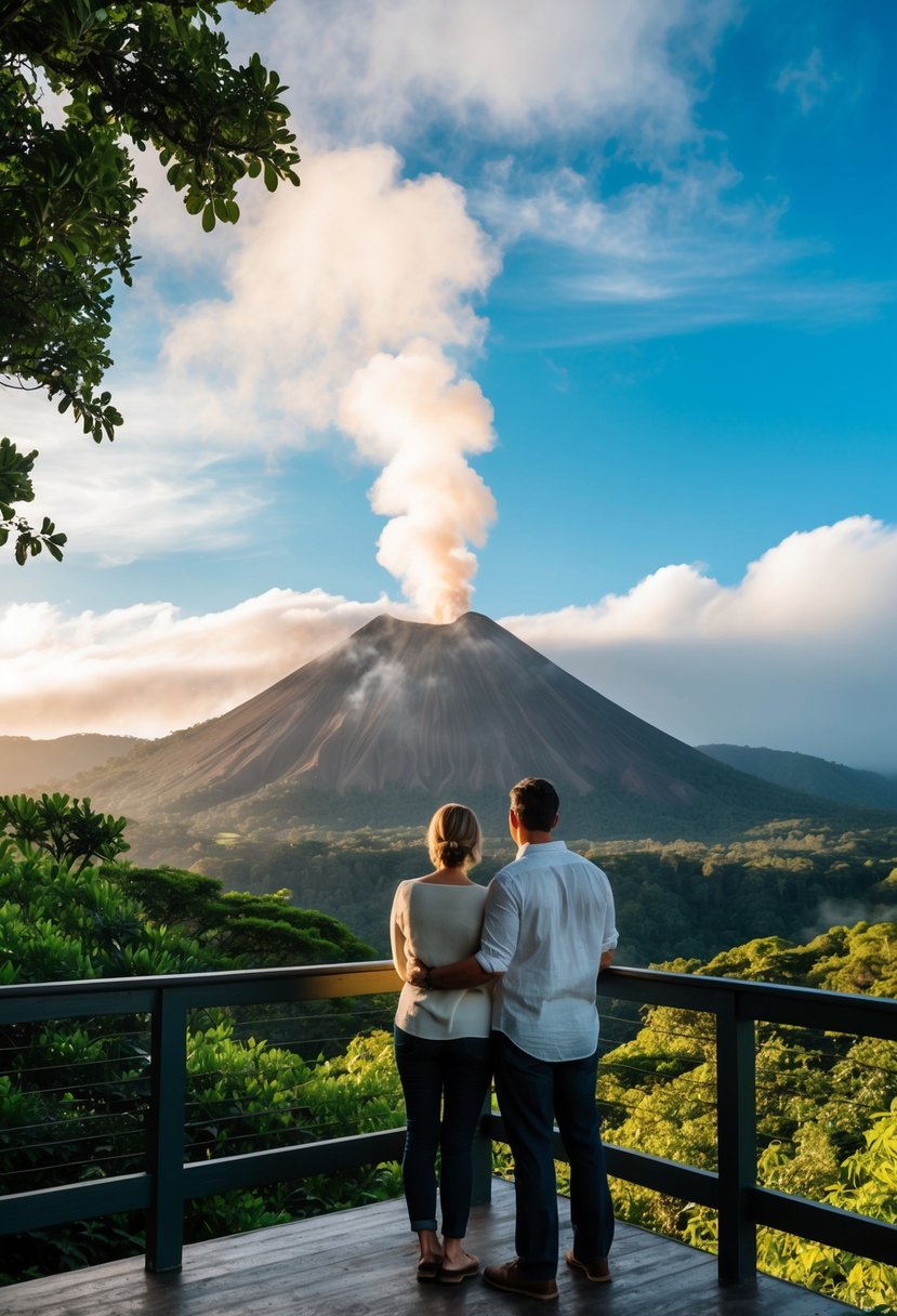 A couple stands on a viewing platform, gazing at the steaming crater of Poás Volcano in Costa Rica. Lush greenery surrounds the area, with wisps of clouds in the distance