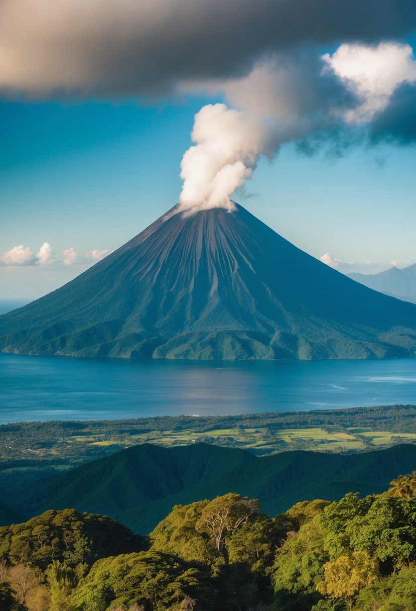 Arenal Volcano looms over lush Costa Rican landscape, with steam rising from its peak