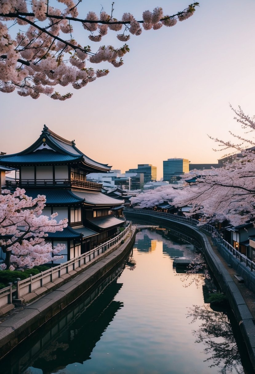A serene Kyoto cityscape with traditional Japanese architecture, blooming cherry blossoms, and winding canals
