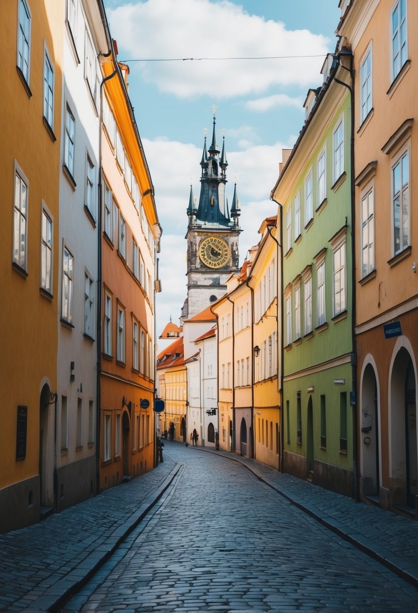 A charming street in Prague's Old Town, lined with colorful buildings and cobblestone streets, with the iconic Astronomical Clock in the background