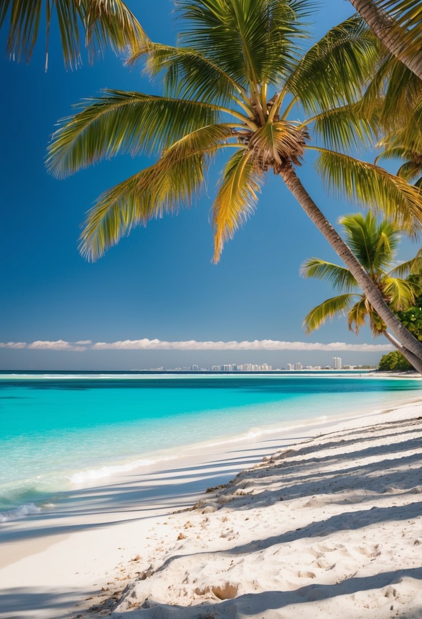 Tropical beach with crystal clear water, palm trees, and a distant view of the barrier reef