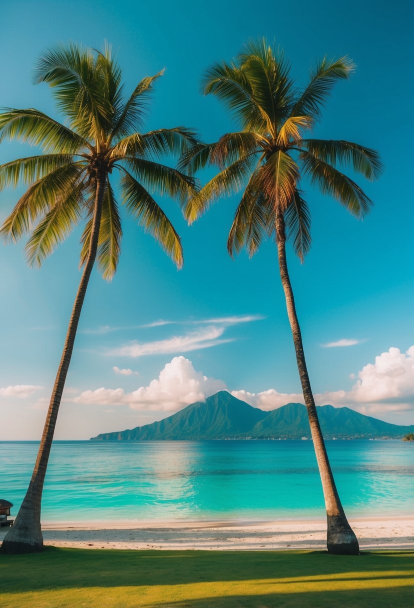 A tranquil beach with palm trees and turquoise waters in Bali, Indonesia
