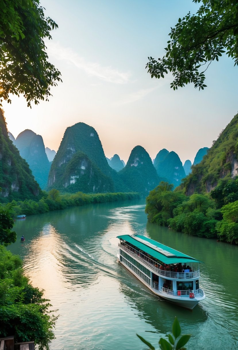 A serene Li River Cruise with karst mountains and lush greenery, a perfect honeymoon destination in Guilin, China