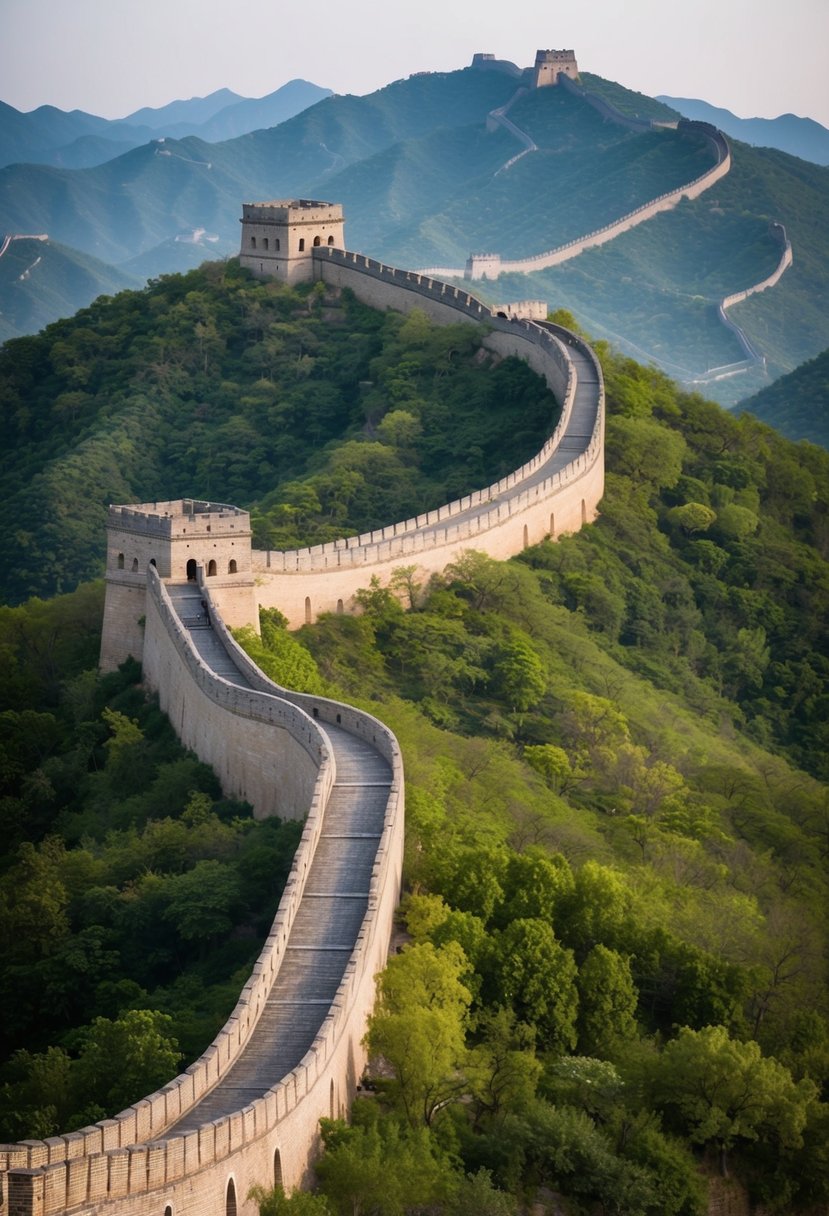 A winding section of the Great Wall at Mutianyu, surrounded by lush greenery and rolling hills, with watchtowers dotting the landscape