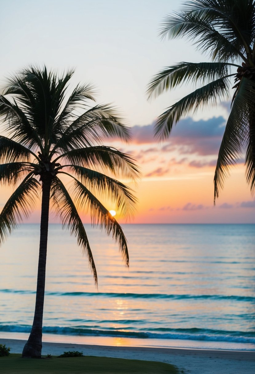 A serene beach at sunset, with palm trees and a calm ocean, perfect for a honeymoon getaway