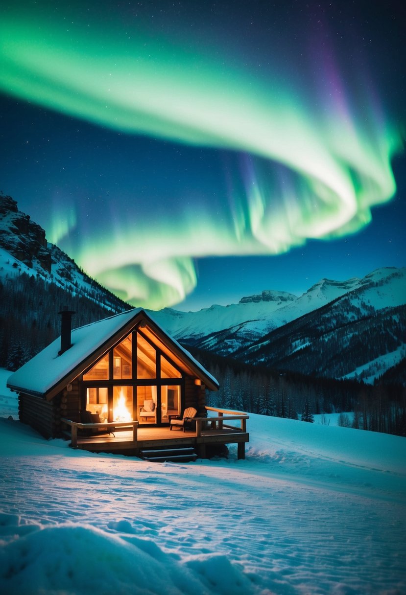 A cozy cabin nestled in a snowy mountain valley, with a warm fire burning inside and a clear view of the northern lights dancing in the sky