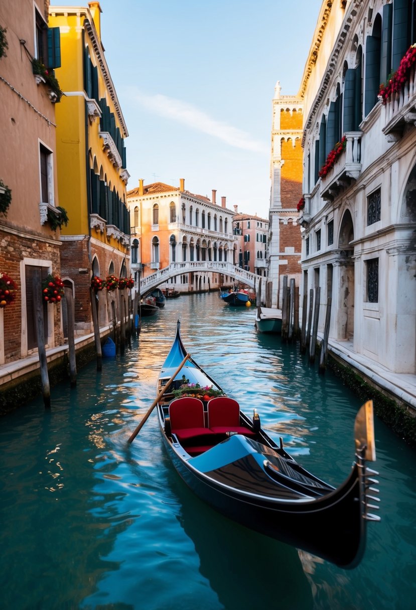 A gondola glides through a canal in Venice, Italy, with historic buildings and festive holiday decorations lining the waterway