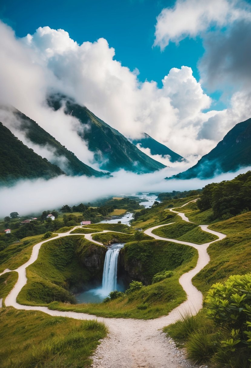 A serene mountain landscape with winding paths, lush greenery, and a picturesque waterfall, surrounded by mist and clouds