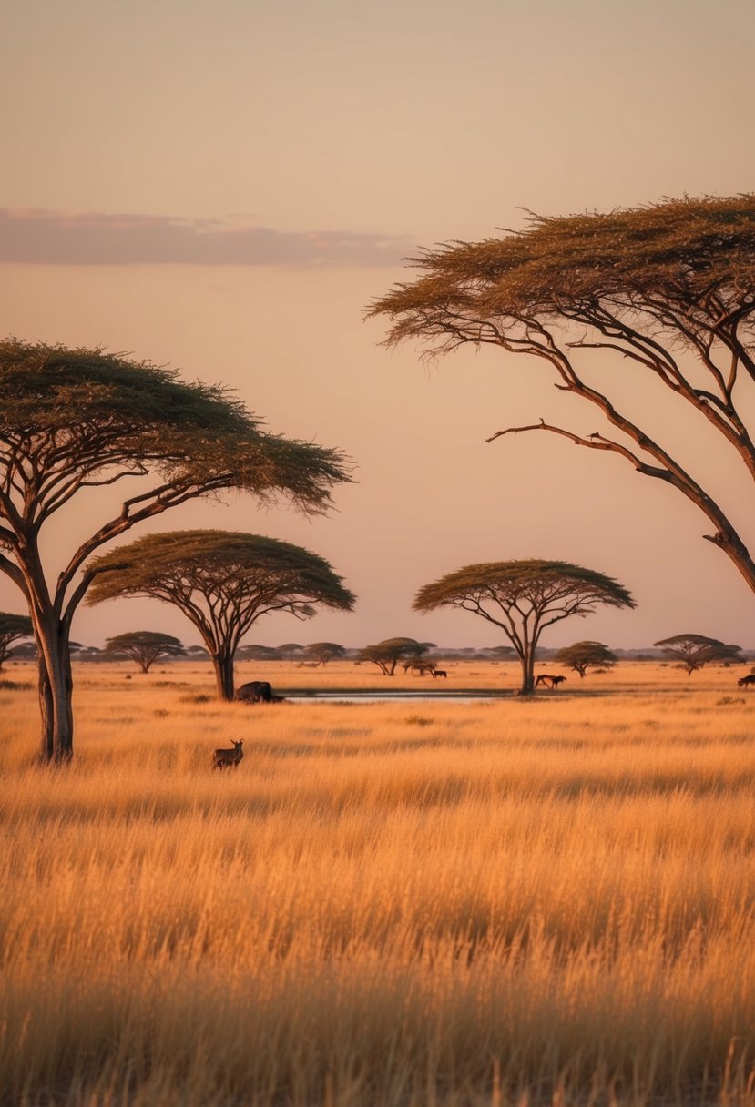 Vast savannah with acacia trees, golden grass, and a distant watering hole. Warm sunlight illuminates the landscape, creating a serene and romantic atmosphere