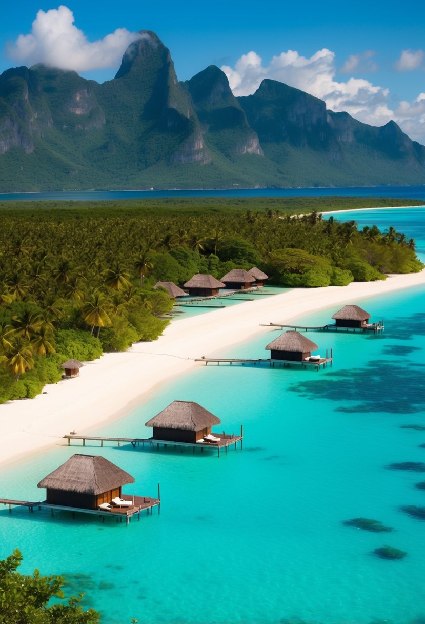 A pristine beach with overwater bungalows surrounded by crystal-clear turquoise water and lush greenery, set against a backdrop of majestic mountains