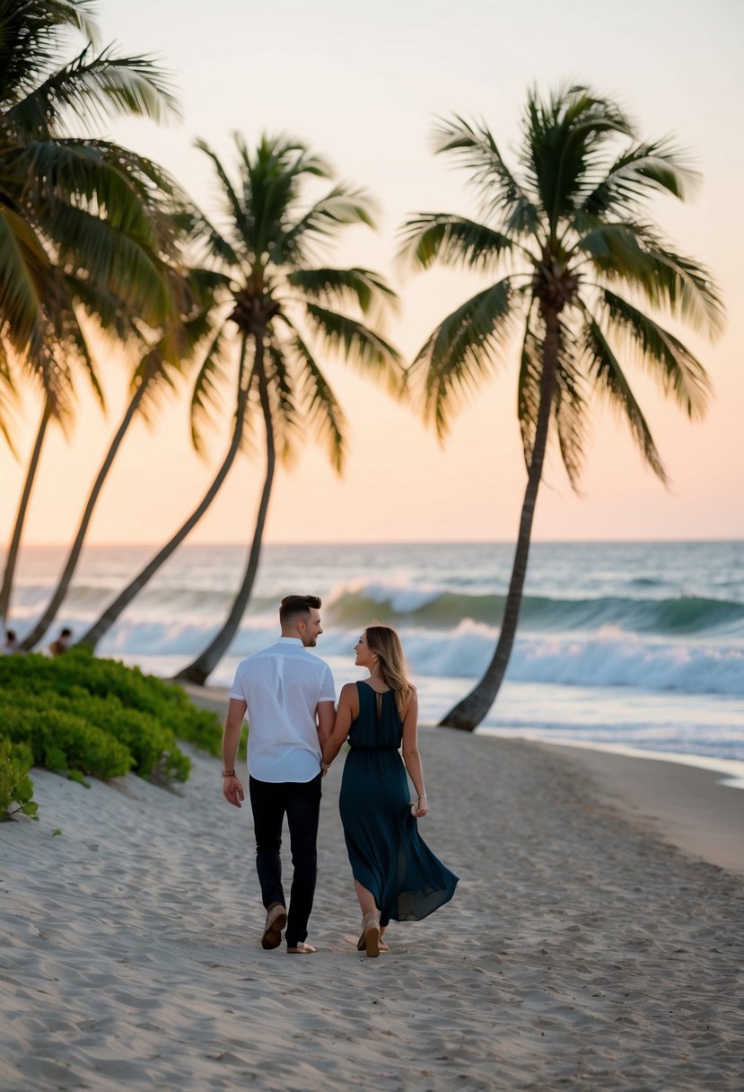 A couple strolls along a secluded beach at sunset, with palm trees swaying in the gentle breeze and the ocean waves crashing in the background