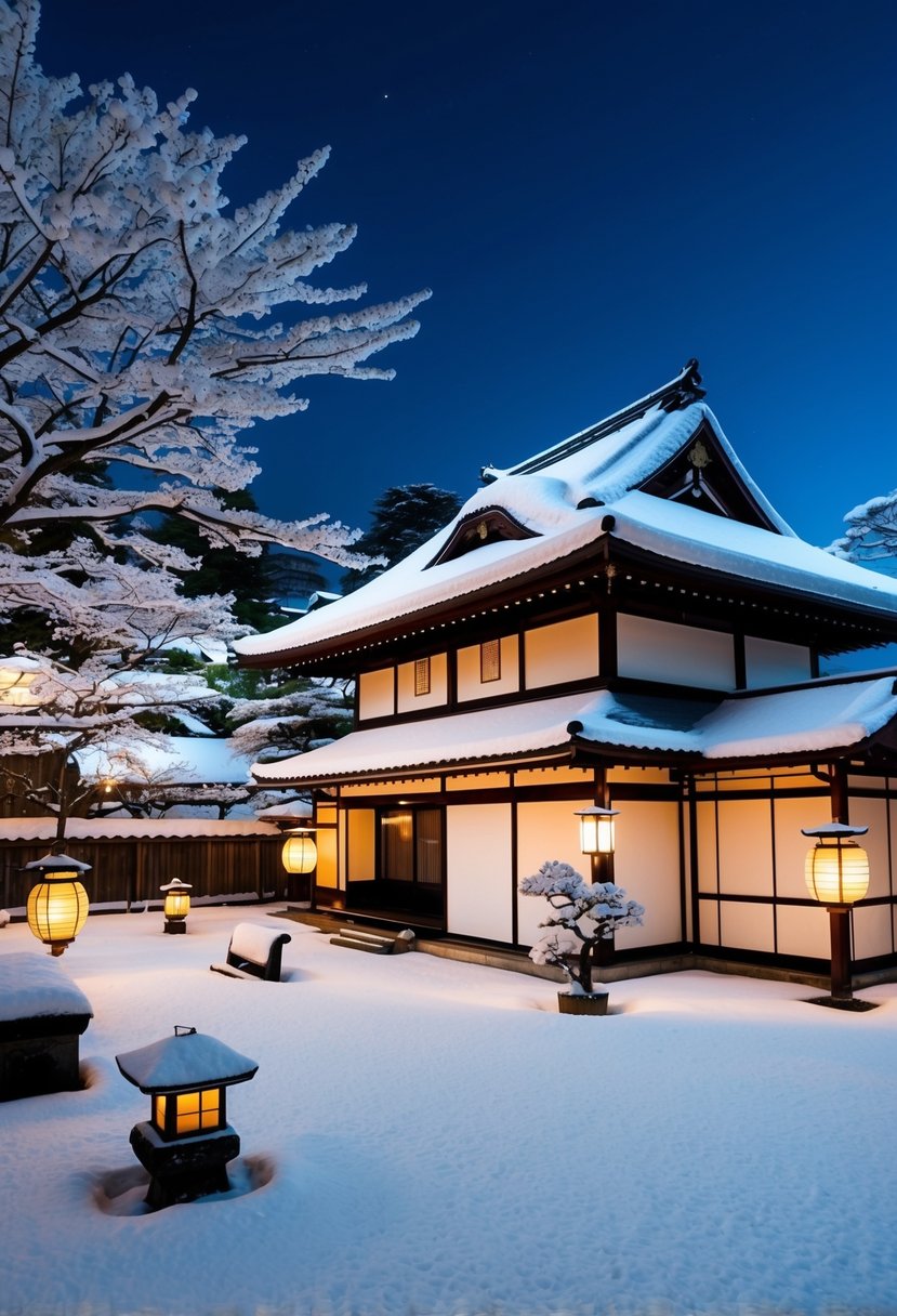A snow-covered traditional Japanese house with a peaceful garden, illuminated by lanterns, in Kyoto, Japan