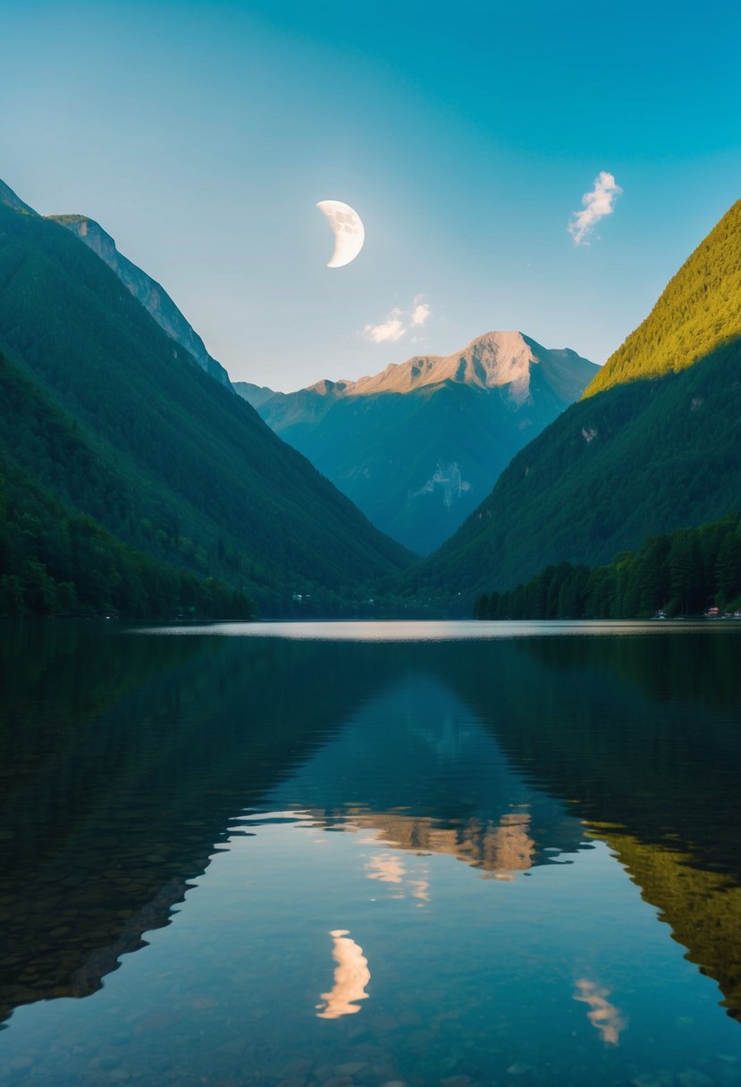 A serene lake surrounded by lush green mountains under a clear blue sky with the sun and moon reflected in the water