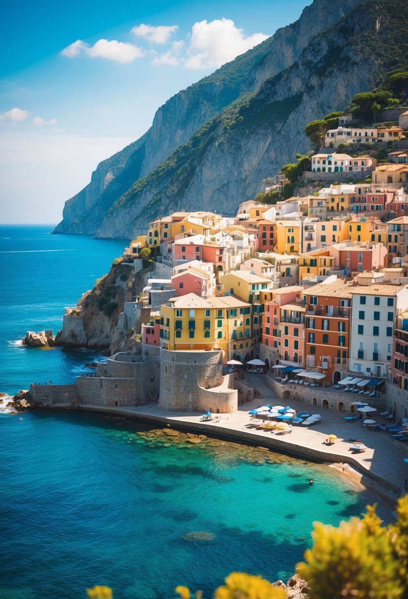 A picturesque coastal town with colorful buildings nestled between steep cliffs and the azure waters of the Mediterranean Sea
