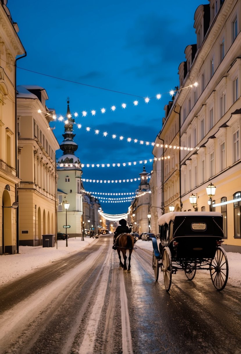 A snowy Vienna street at dusk with twinkling holiday lights and a horse-drawn carriage passing by