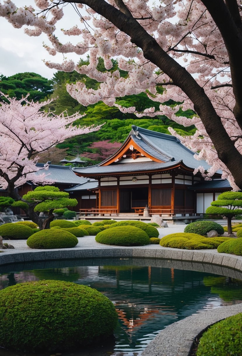 A serene Japanese garden in Kyoto, with a traditional tea house and vibrant cherry blossom trees