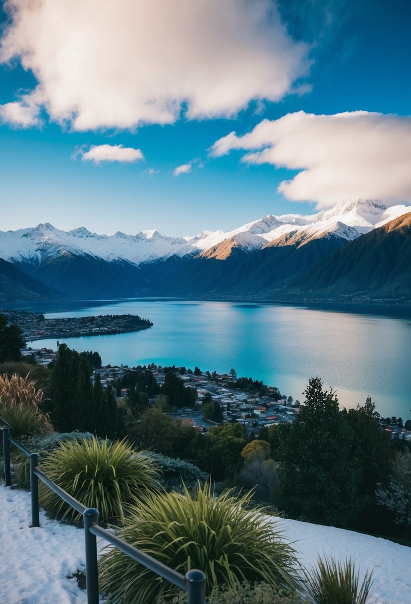 A scenic view of Queenstown, New Zealand in December with snow-capped mountains, a crystal-clear lake, and lush greenery