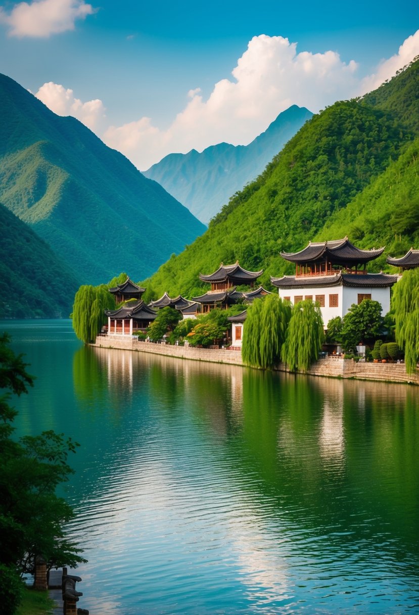 Lush green mountains surround a tranquil lake with traditional Chinese architecture nestled along the shore in Yunnan Province, China