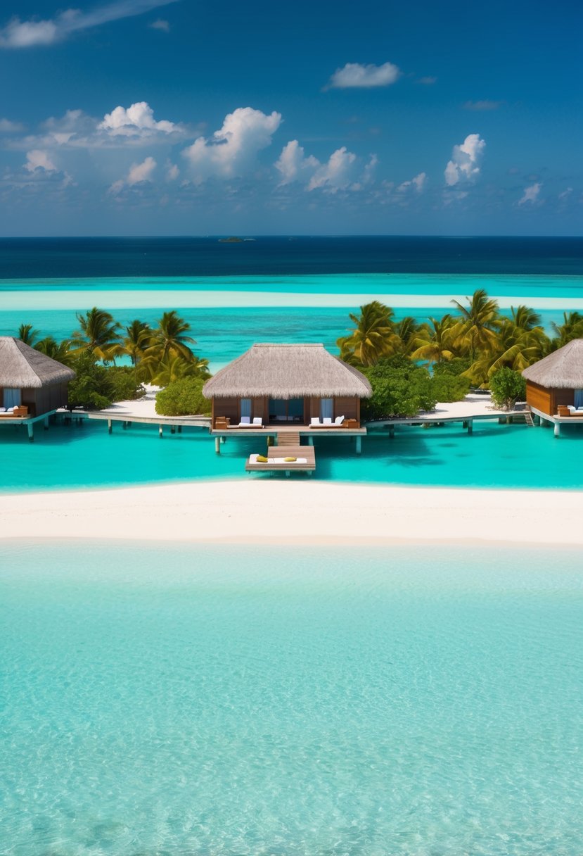 A secluded overwater bungalow in the Maldives, surrounded by crystal clear turquoise waters and white sandy beaches