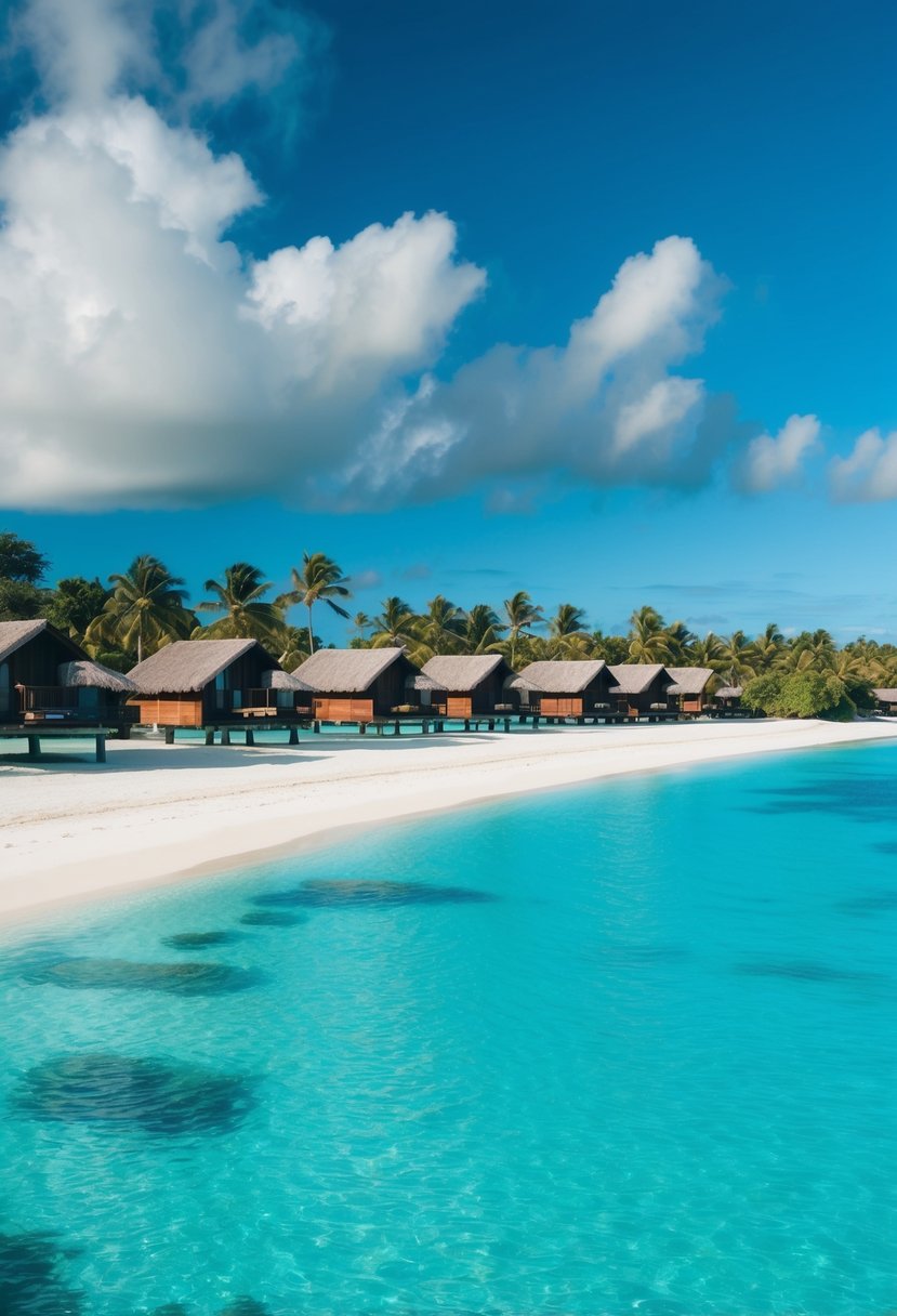 Crystal-clear turquoise waters surround overwater bungalows on stilts, with lush greenery and palm trees lining the white sandy beaches of Bora Bora, French Polynesia in December