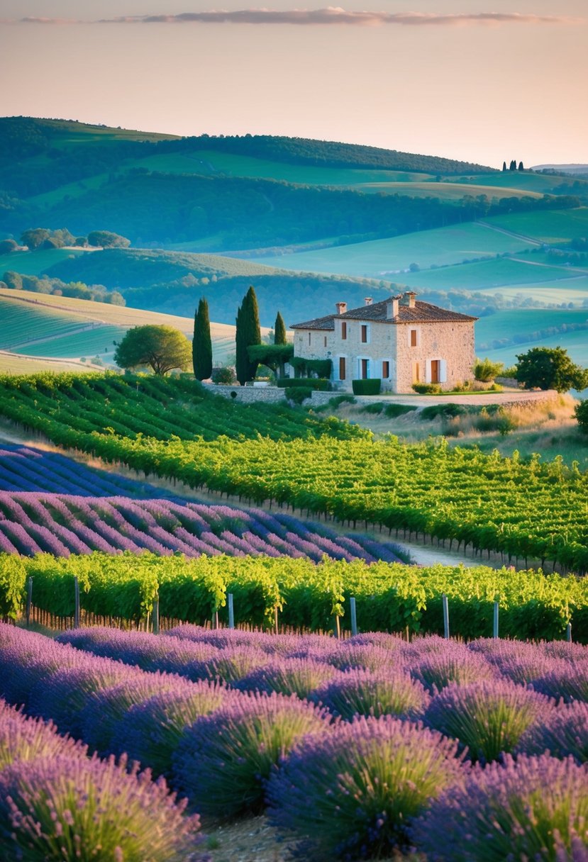 A charming vineyard with rolling hills, lavender fields, and a quaint stone farmhouse nestled in the countryside of Provence, France