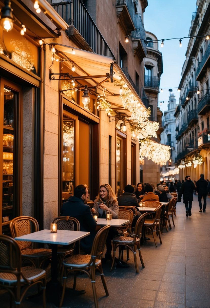 A cozy outdoor cafe in Barcelona, adorned with twinkling lights and surrounded by historic architecture, sets the scene for a romantic December honeymoon