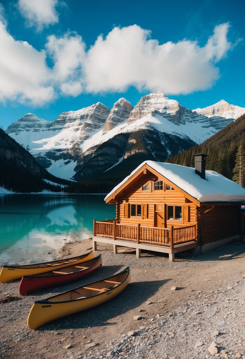 A cozy cabin nestled in the snow-capped mountains, with a clear blue lake in the background and a couple of canoes resting on the shore