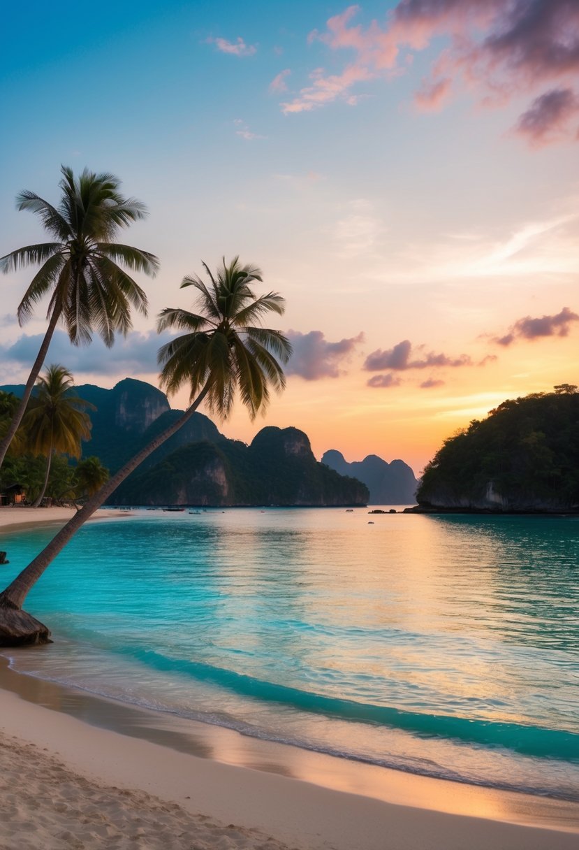 A serene beach at sunset in Phuket, Thailand with palm trees, clear blue waters, and a colorful sky