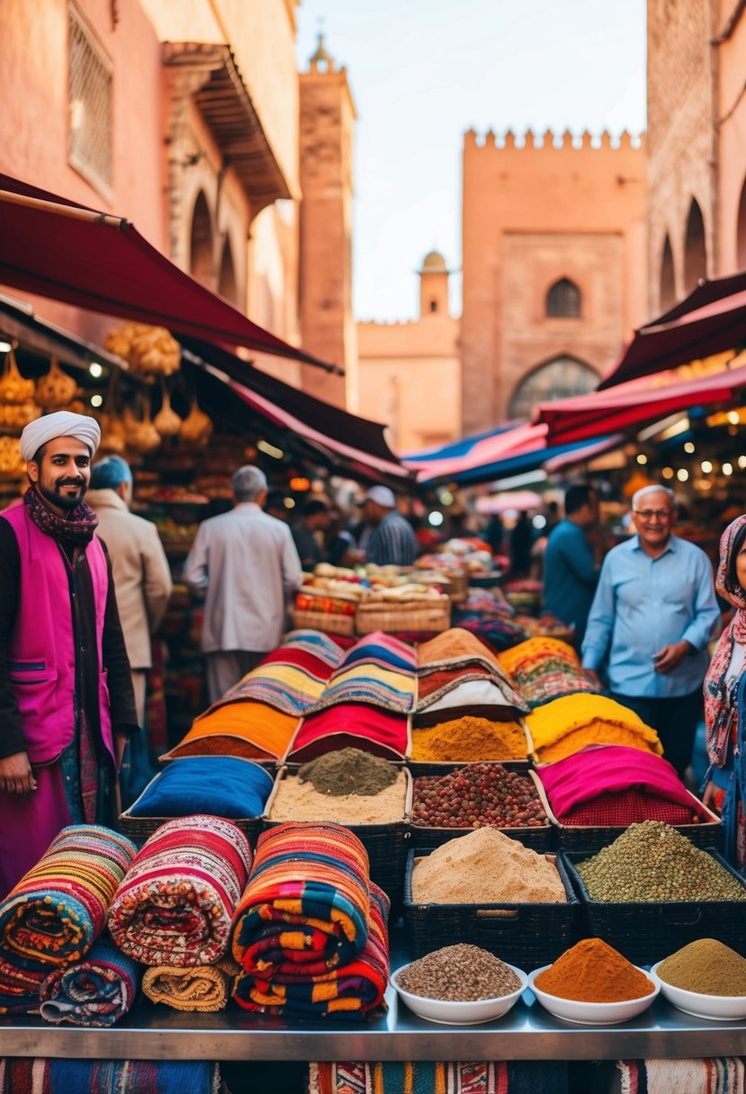 A bustling Marrakech market with colorful textiles, intricate rugs, and aromatic spices, set against the backdrop of historic architecture and vibrant street life