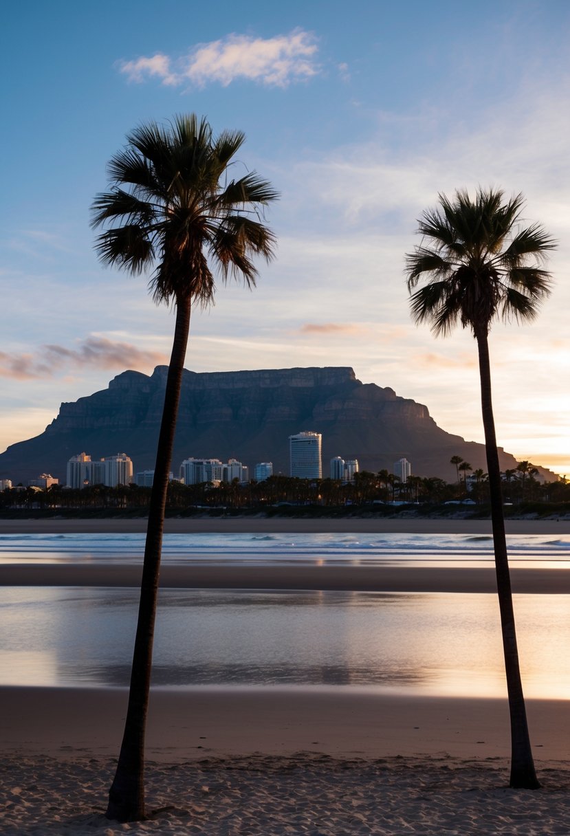 A serene beach at sunset, with Table Mountain in the background and palm trees swaying in the warm December breeze