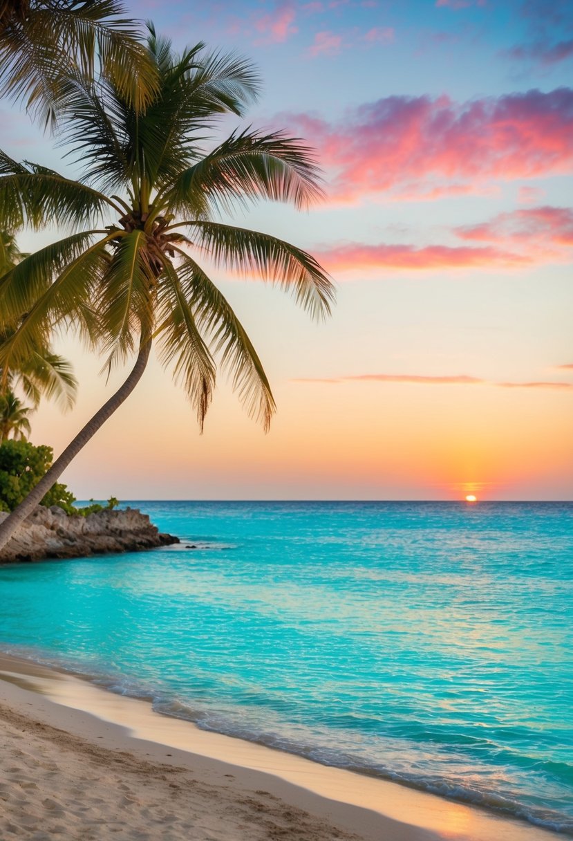 A tranquil beach with crystal-clear turquoise waters, palm trees swaying in the gentle breeze, and a colorful sunset over the horizon