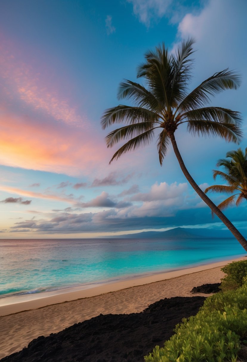 A serene beach at sunset with palm trees, clear turquoise water, and a colorful sky in Maui, Hawaii