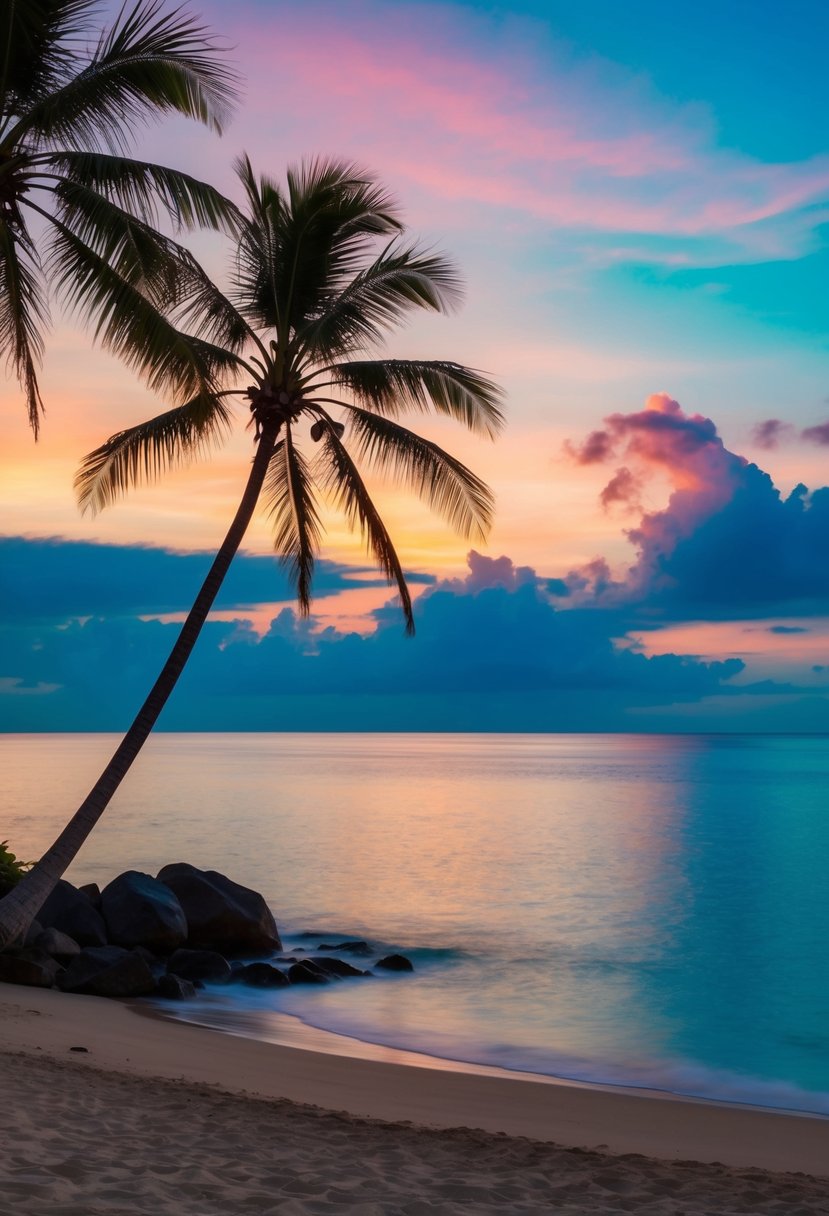 A romantic beach sunset in Bali, with palm trees, a calm ocean, and a colorful sky