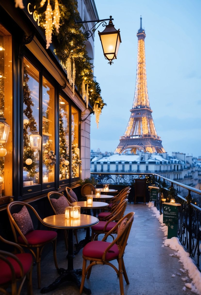 A cozy Parisian cafe with holiday decorations and a view of the Eiffel Tower on a snowy December evening