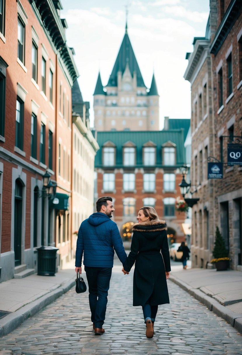 A couple strolling through the cobblestone streets of Old Quebec, with charming European-style buildings and the iconic Chateau Frontenac in the background