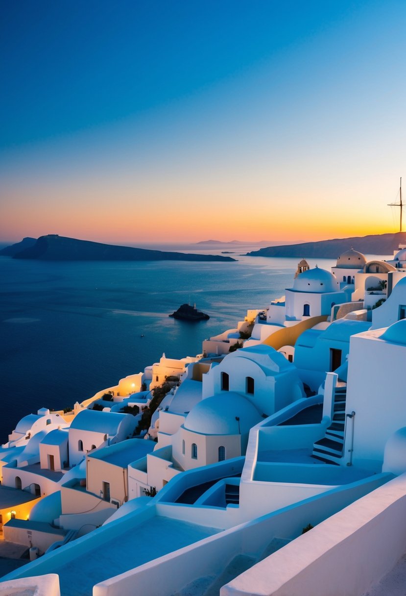 The iconic white buildings of Santorini against a backdrop of deep blue sea and clear skies, with the sun setting over the horizon