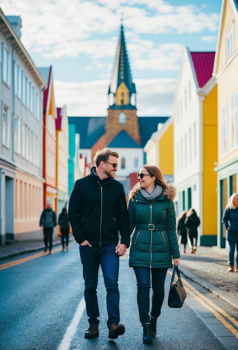 A couple strolling along the colorful streets of Reykjavík, with the iconic Hallgrímskirkja church in the background